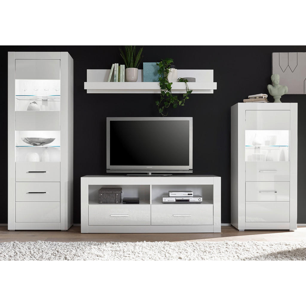 Thumbnail - Furn.Design Wohnwand, Weiß Hochglanz, Metall, Nachbildung, Uni, 3 Fächer, 2 Schubladen, 300x198x45 cm, Wohnzimmer, Wohnw...