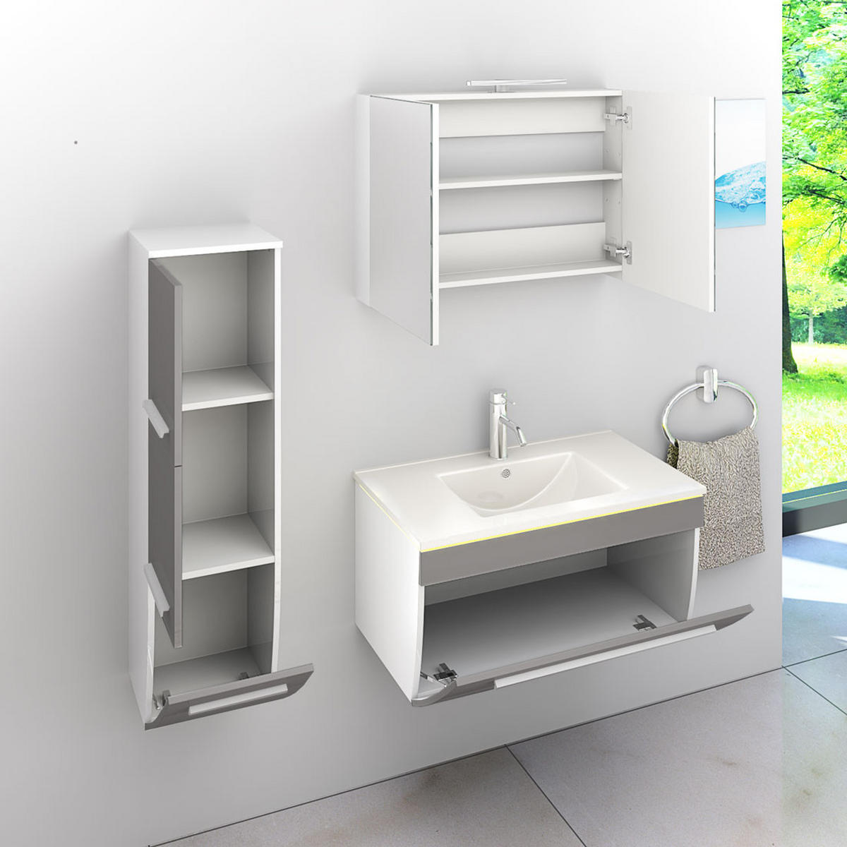 BADMÖBEL Set Gently 3 V2-L Weiß/Grau Badezimmermöbel Badspiegel Waschtisch 80 cm mit 1x 5W LED-Strahler - Grau, Glas/Kunststoff (46/40/80cm) - AcquaVapore by Sandra Jentho