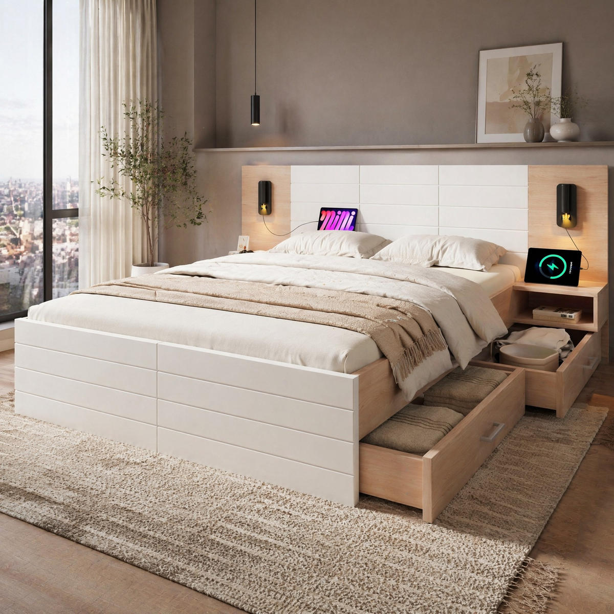 BETT 180/200 mit 2 Schubladen, USB und Leselicht in Eiche/Weiß - Eichefarben/Weiß, Holzwerkstoff (180/200cm) - EVRYAE