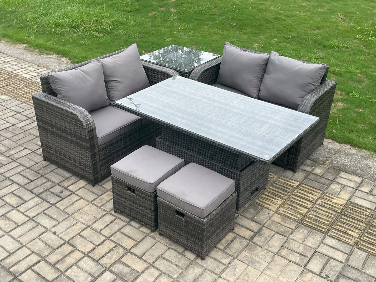 GARTENMÖBELSET Polyrattan 6-Sitzer - Dunkelgrau, Metall - Fimous