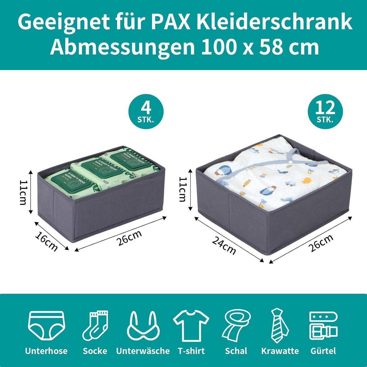 SCHUBLADEN Organizer 16er Set Grau für PAX Kleiderschrank 100x58 cm - Grau, Textil (24/11/26cm)