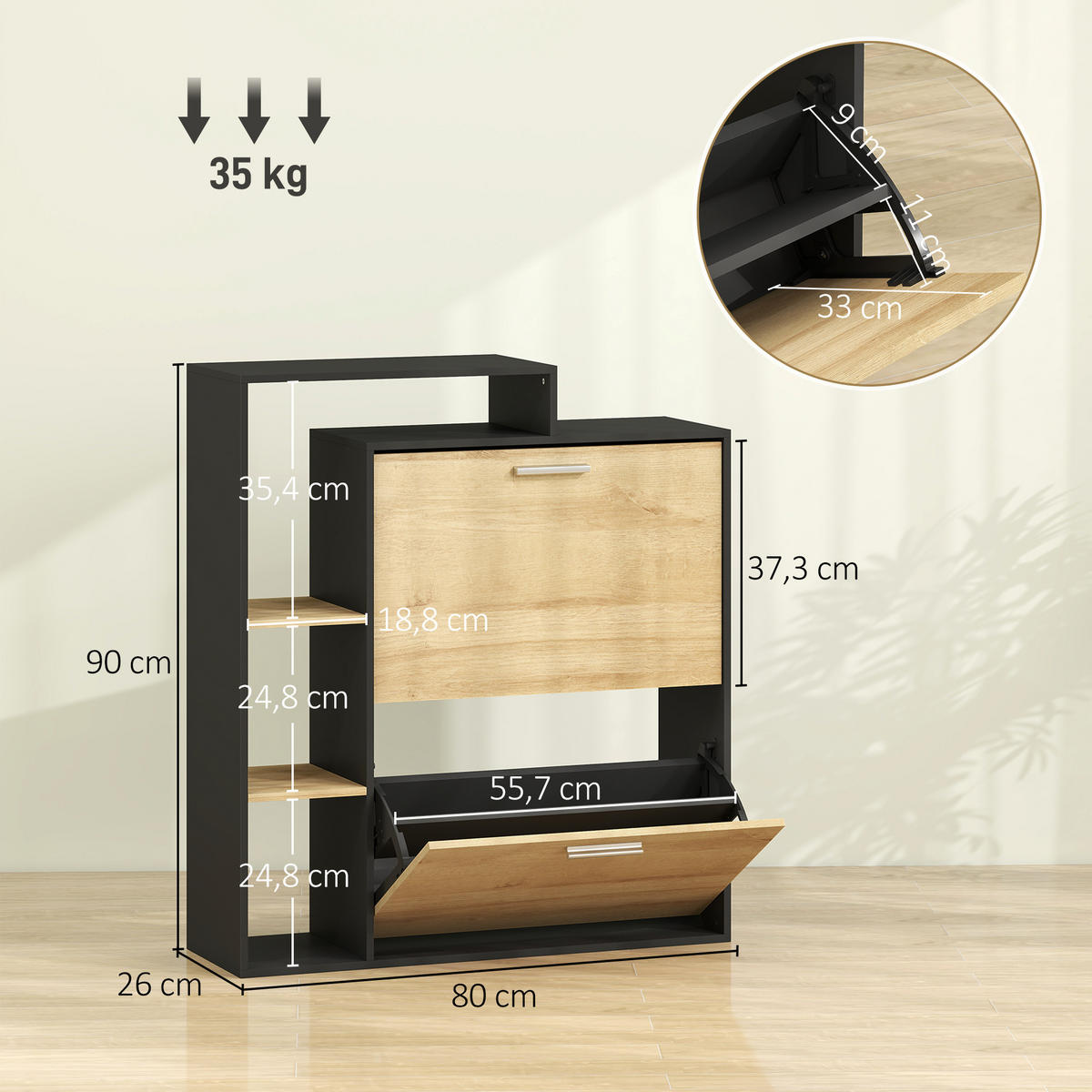 SCHUHSCHRANK Schwarz Natur Holzwerkstoff klappbar mit Fächern 1 Stück - Schwarz, Holzwerkstoff (80/90/26cm) - PANGIVO