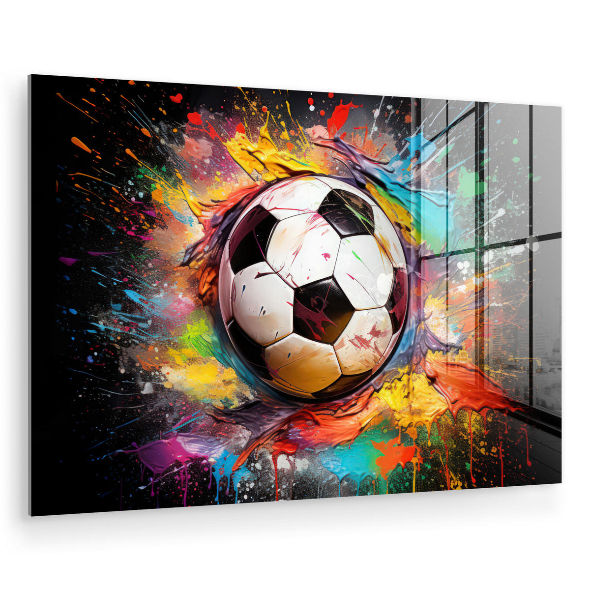 ACRYLGLASBILD Fußball - Farbe - Farben - Schwarz - Weiß 120x80 cm - Weiß, Glas (120/80cm) - MuchoWow