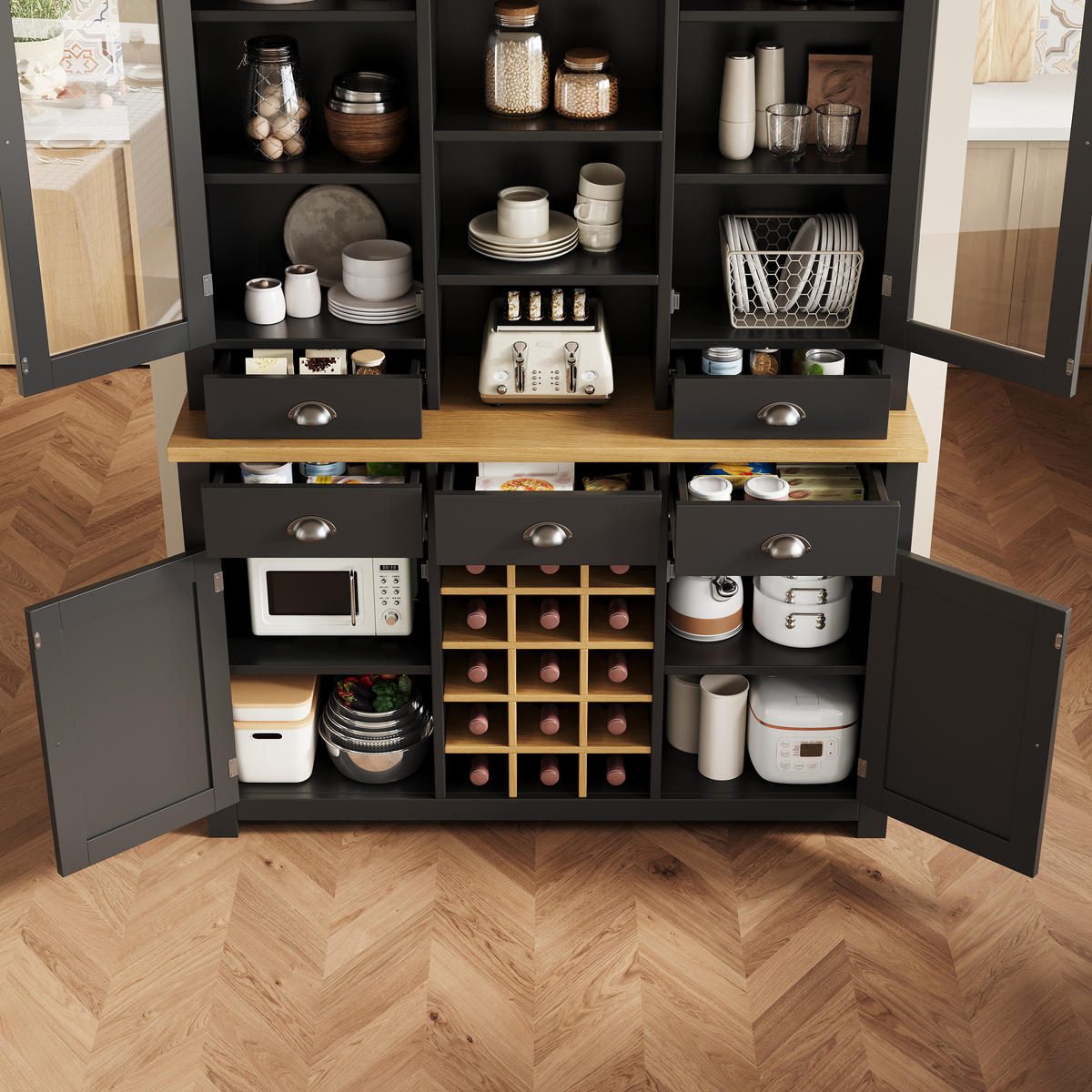 HOCHSCHRANK Glas SoftClose Weinregal Metallgriffe Schwarz - Schwarz, Glas (120/185/40cm) - FLIEKS