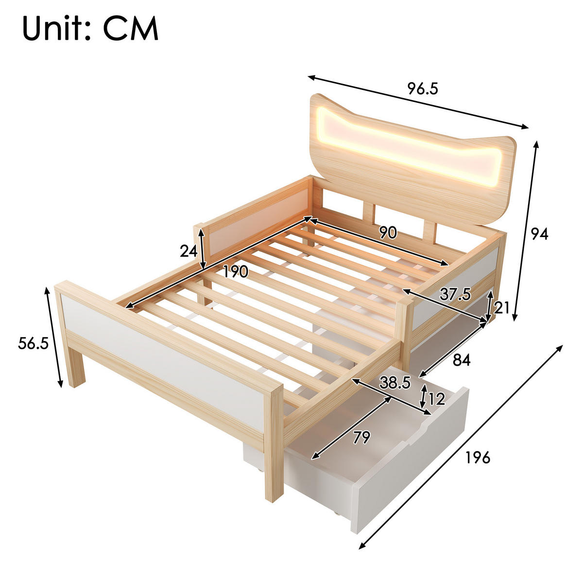 KINDERBETT 90/190 cm, Weiß/Eiche mit RGB-LED-Beleuchtung, Schublade, ohne Matratze - Weiß, Holz (90/190cm) - MIVRAY