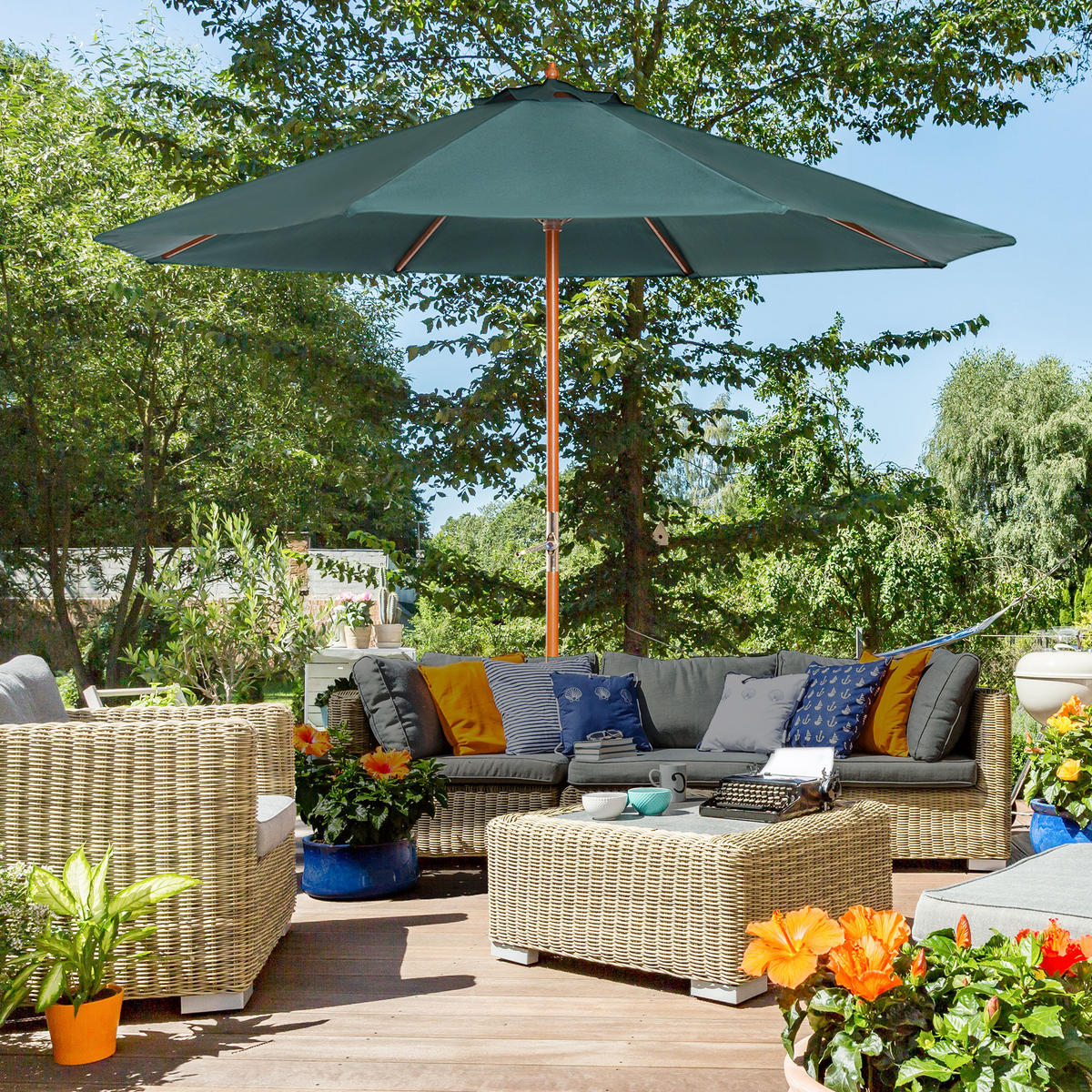 SONNENSCHIRM, Bambus, Dunkelgrün - Dunkelgrün, Kunststoff (270/270cm) - Outsunny