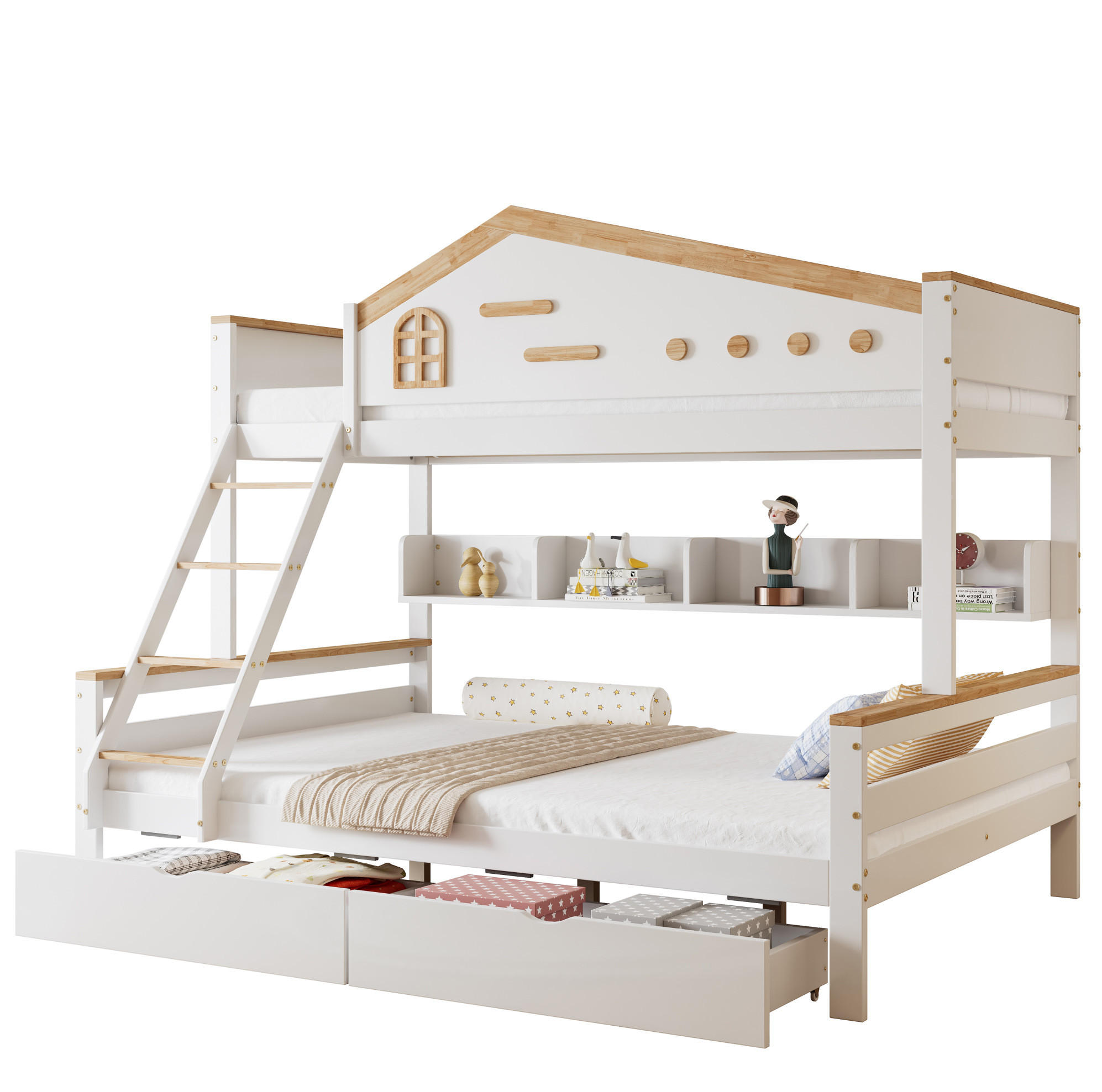 HAUSBETT 90/200 & 140/200 cm mit Regal und 2 Schubladen in Weiß/Natur - Weiß, Holzwerkstoff (90/200cm) - BEAOK