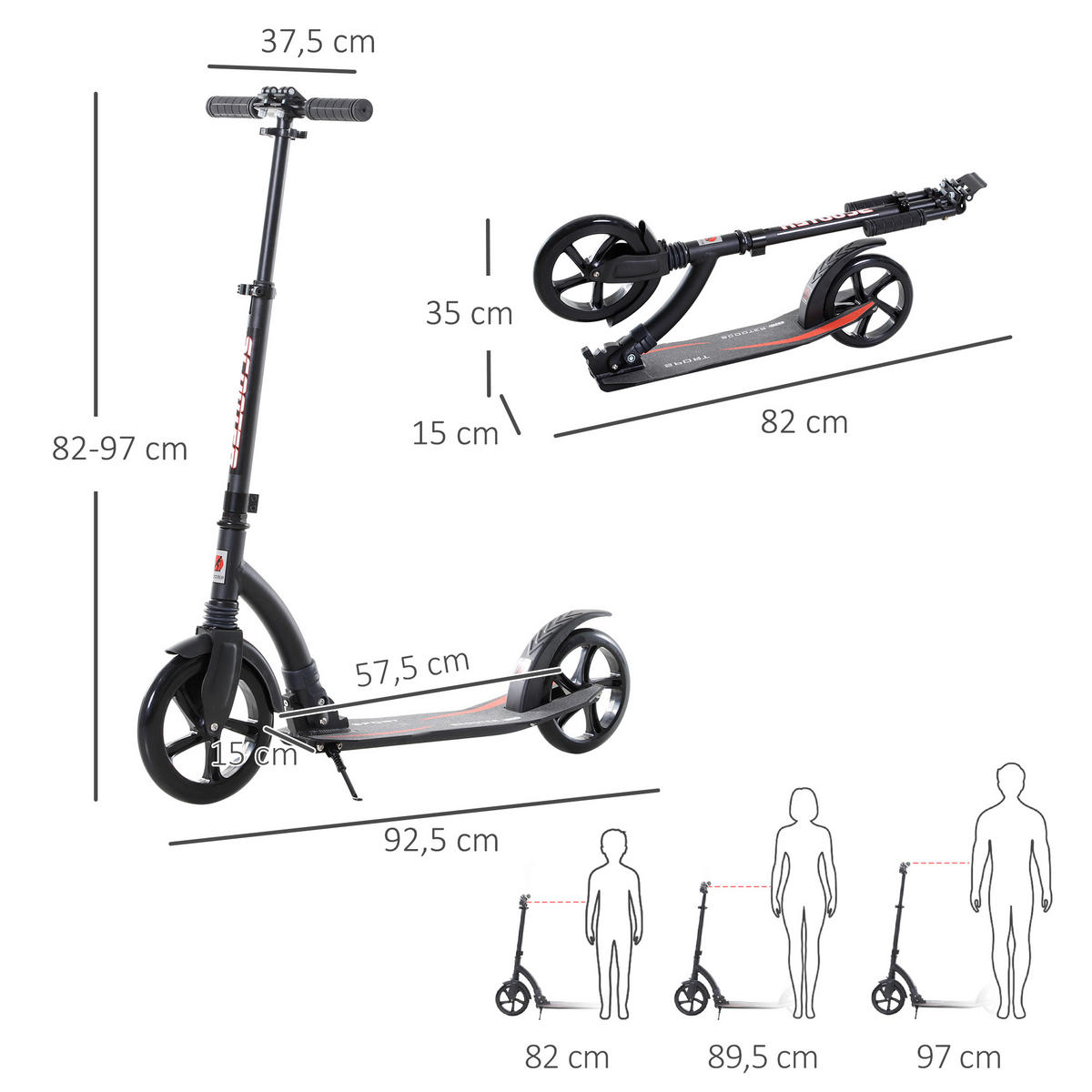 KINDERSCOOTER, Aluminium, Schwarz, L92,5 x B37,5 x H82-97 cm - Schwarz, Metall (92.5/37.5/97cm) - HOMCOM