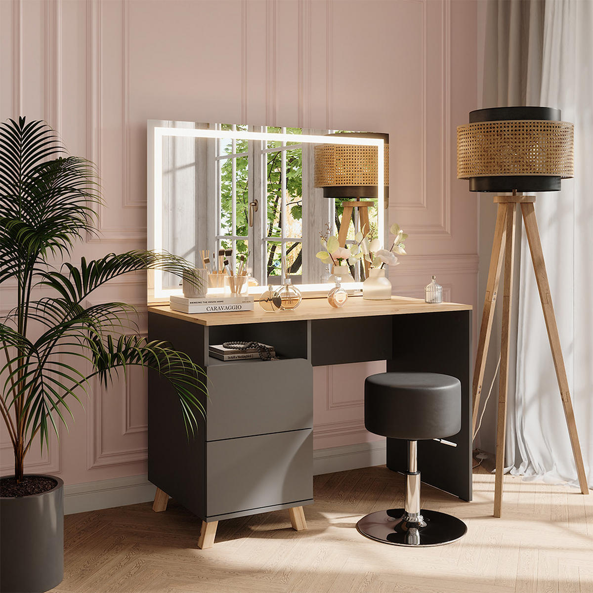 SCHMINKTISCH Karen Anthrazit/Artisan 110 cm mit Hocker und LED-Spiegel - Anthrazit/Eiche Artisan, Holzwerkstoff (110/75/55cm) - Vicco