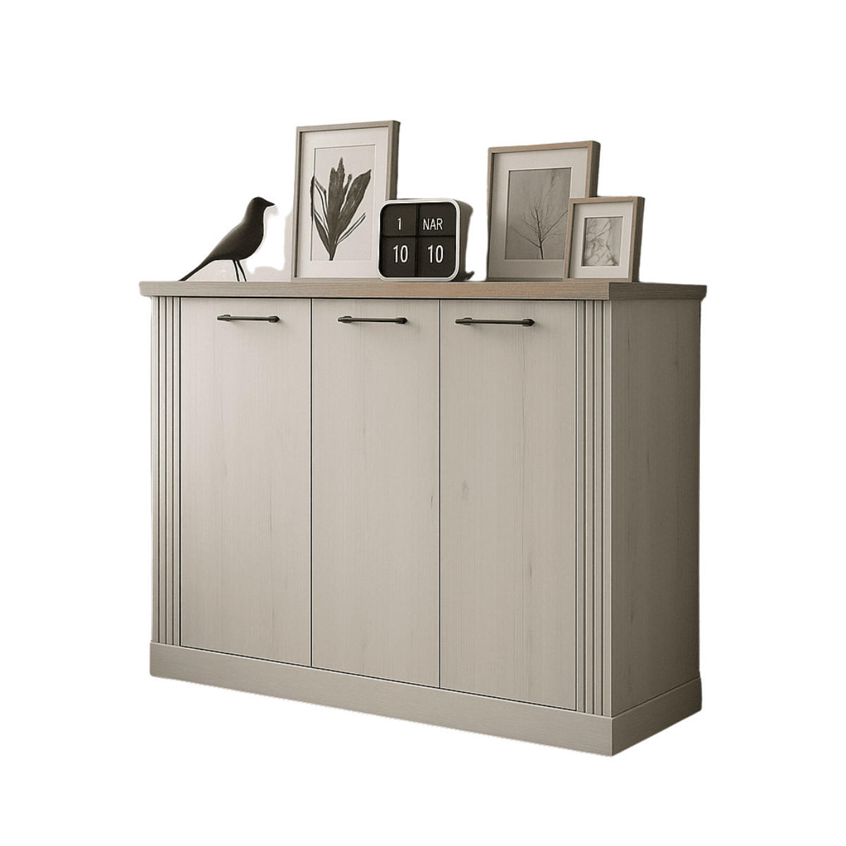 SIDEBOARD mit 3 türen, dekor eiche cadiz und meringue-weiß - country 164/44/88 cm - Weiß, Holzwerkstoff (44/88/164cm) - Calicosy