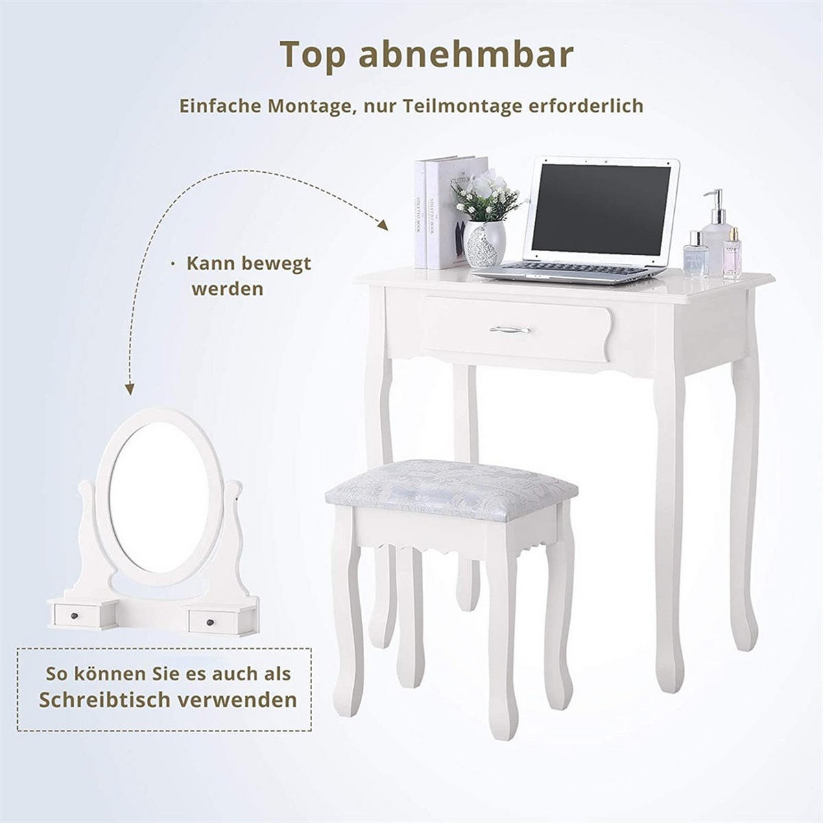 SCHMINKTISCH mit 360° drehbarem ovalem Spiegel - Frisiertisch mit 3 Schubladen und gepolstertem Hocker - Weiß - Weiß, Holzwerkstoff (40/136/75cm) - DELFA