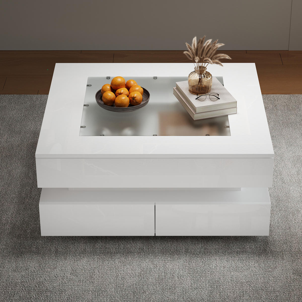 COUCHTISCH Weiß LED 3 Schubladen 70/70/35 cm - Weiß, Glas/Holzwerkstoff (70/70/35cm)
