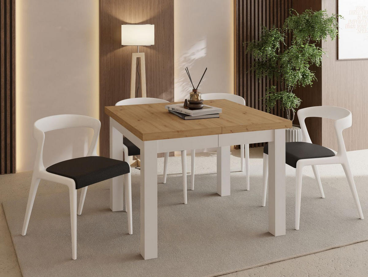 ESSTISCH Toren Weiß ausziehbar verlängerbar quadratisch, Eiche Artisan Hellbraun 90-190/90/76.5 cm - Weiß/Eiche Artisan, Holz/Holzwerkstoff (90/90/77cm) - WFL GROUP