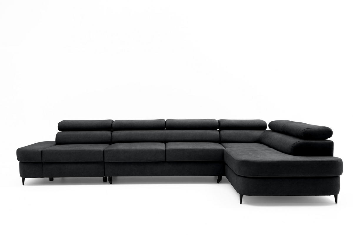 ECKSOFA PRIAM MAXI L-Form mit Schlaffunktion & Bettkasten, 6-Sitzer, 350cm, Verstellbare Kopfstützen, Ottomane Rechts - Anthrazit, Holz/Textil (350/203cm) - Muffo