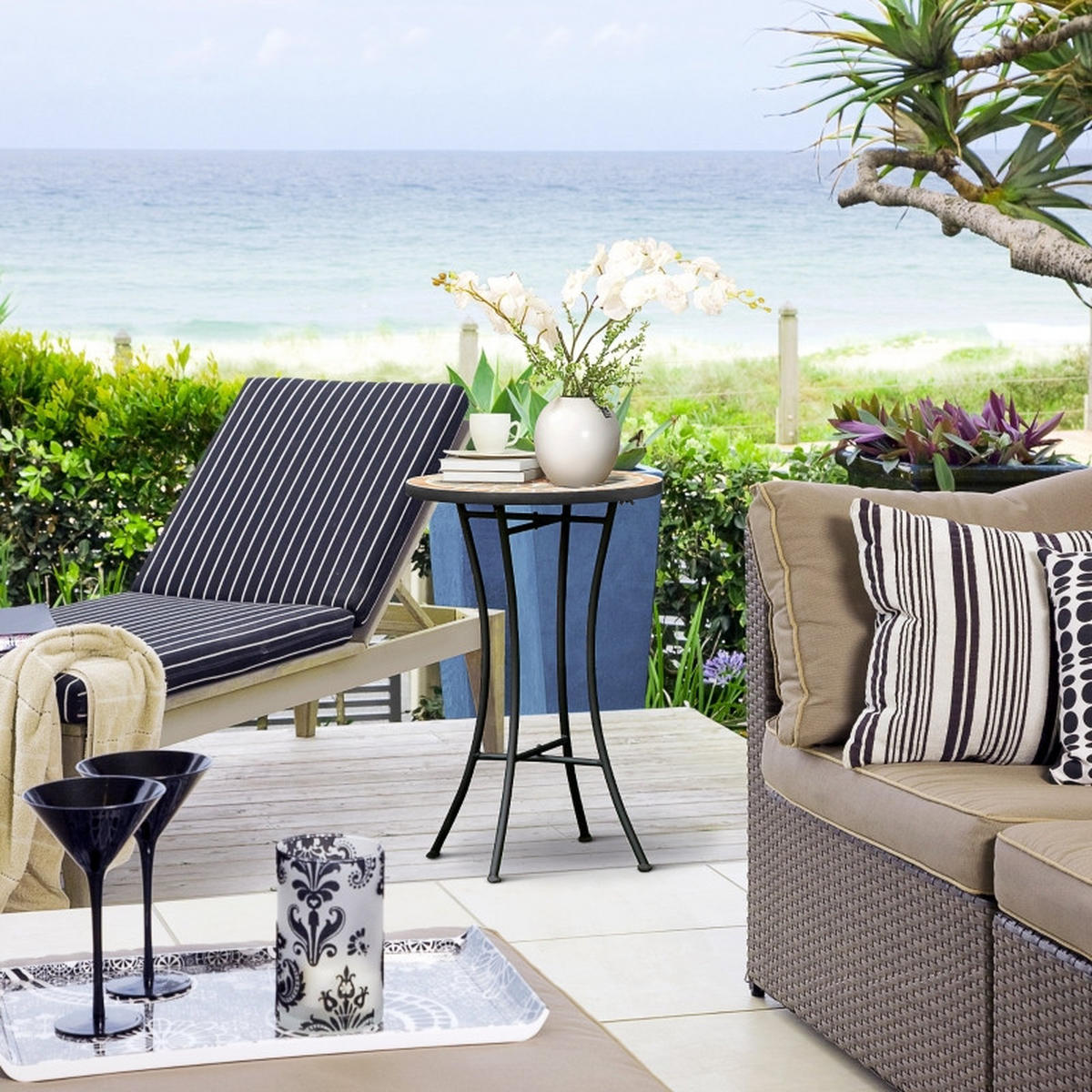 GARTENTISCH Rund 35.5x35.5x53.5 cm Schwarze mit Mosaik-Muster & Metallrahmen - Naturfarben, Metall (35.5/35.5/53.5cm) - Modfu