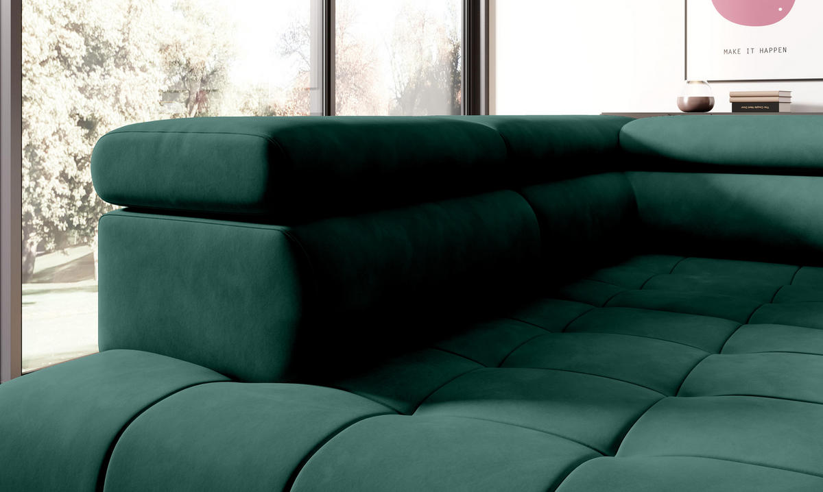 ECKSOFA CHIVAS Freistehend , Schlaffunktion, 278×197×76/98 cm, Stoff - Element, Flaschengrün, Rechts Seite - Dunkelgrün/Schwarz, Holz/Textil (197/278cm) - DomoHome