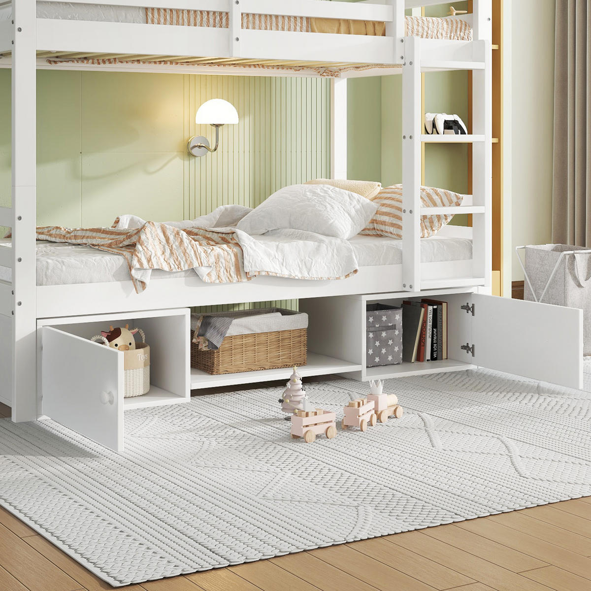 ETAGENBETT 90/200 cm Weiß mit Schuhregalen und Schließfächern aus Massivholz - Weiß, Holzwerkstoff (90/200cm) - OKWISH