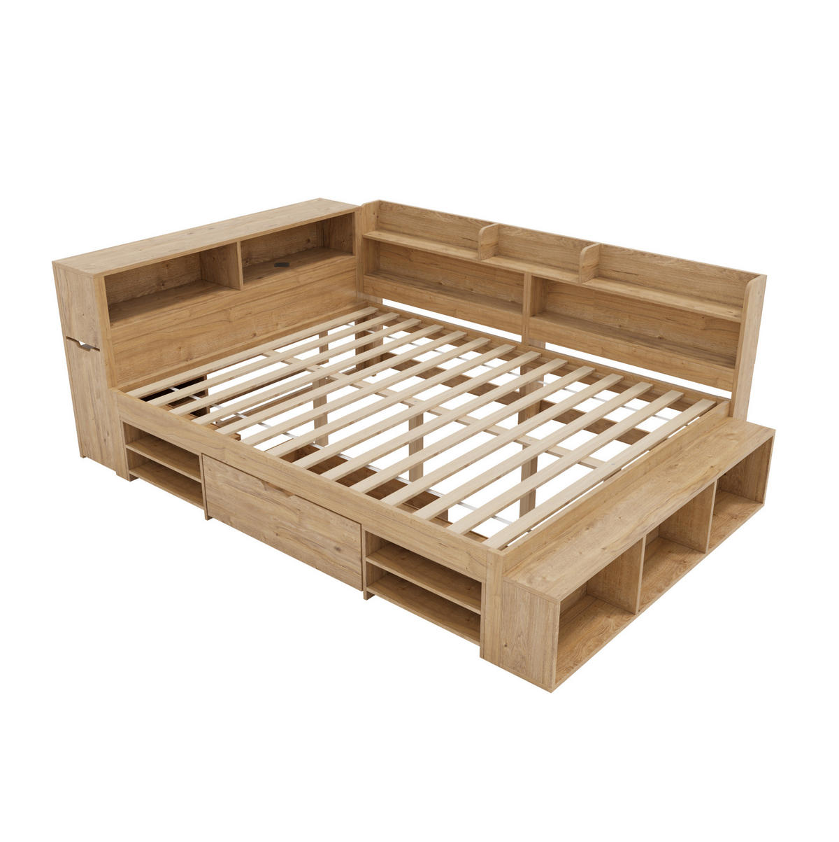 KINDERBETT 140/200 cm aus Sperrholz mit Stauraum, Regalen und Nachttisch, Natur - Naturfarben, Holzwerkstoff (140/200cm) - Redom
