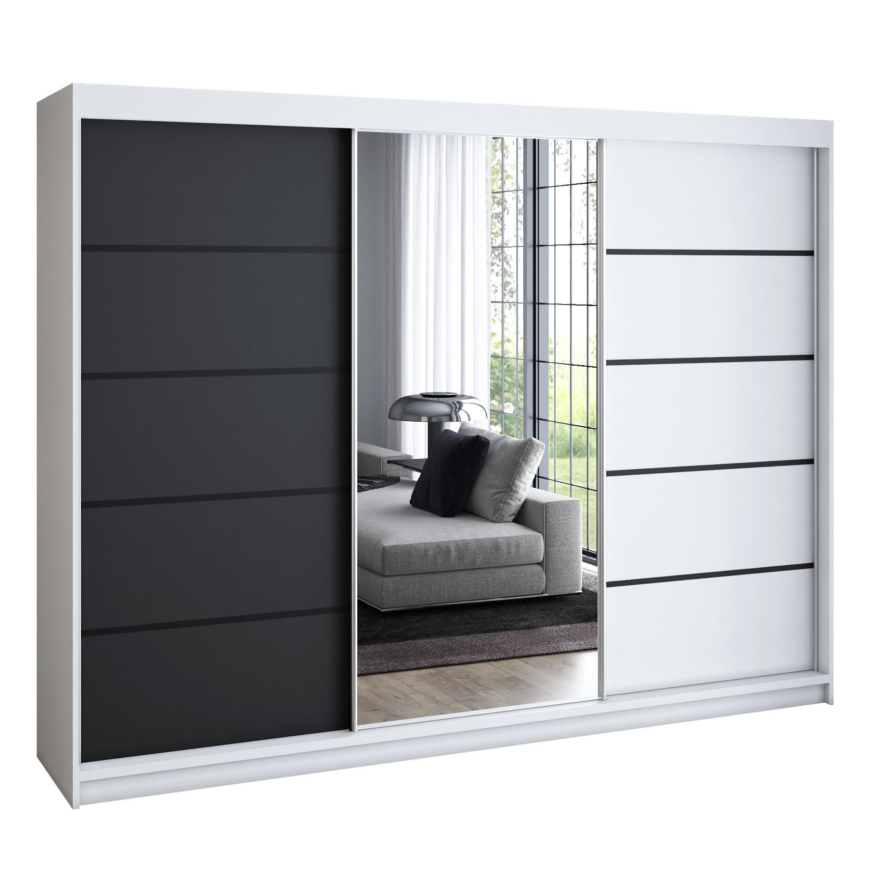 A&J MöbelLand Schwebetürenschrank Weiß, Schwarz, Weiß 200x215x59.5 cm