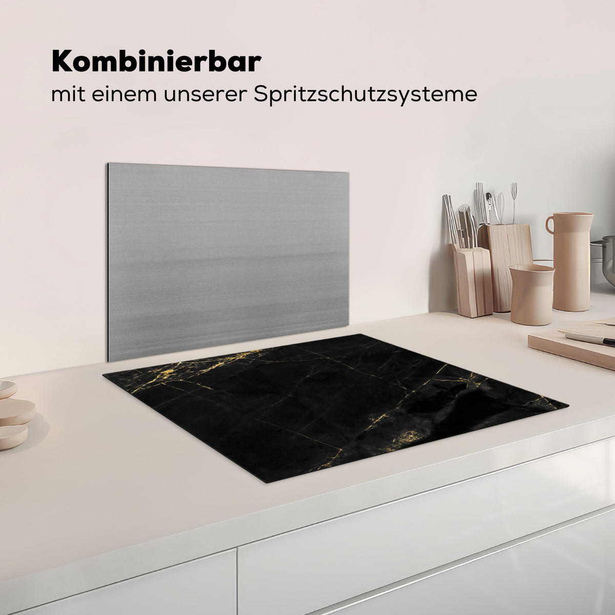 HERDABDECKPLATTE Marmor - Schwarz - Gold - Chic - Marmoroptik - Design Herdabdeckung Induktionsfeld 65x52 cm - Schwarz, Kunststoff (65/52/0.2cm) - MuchoWow