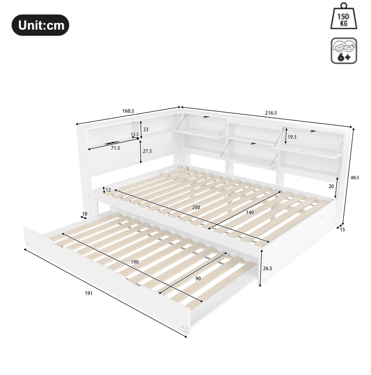 BETT 140/200 cm mit Kopfteil und Ausziehbett in Weiß - Weiß, Holzwerkstoff (140/200cm) - BEAOK