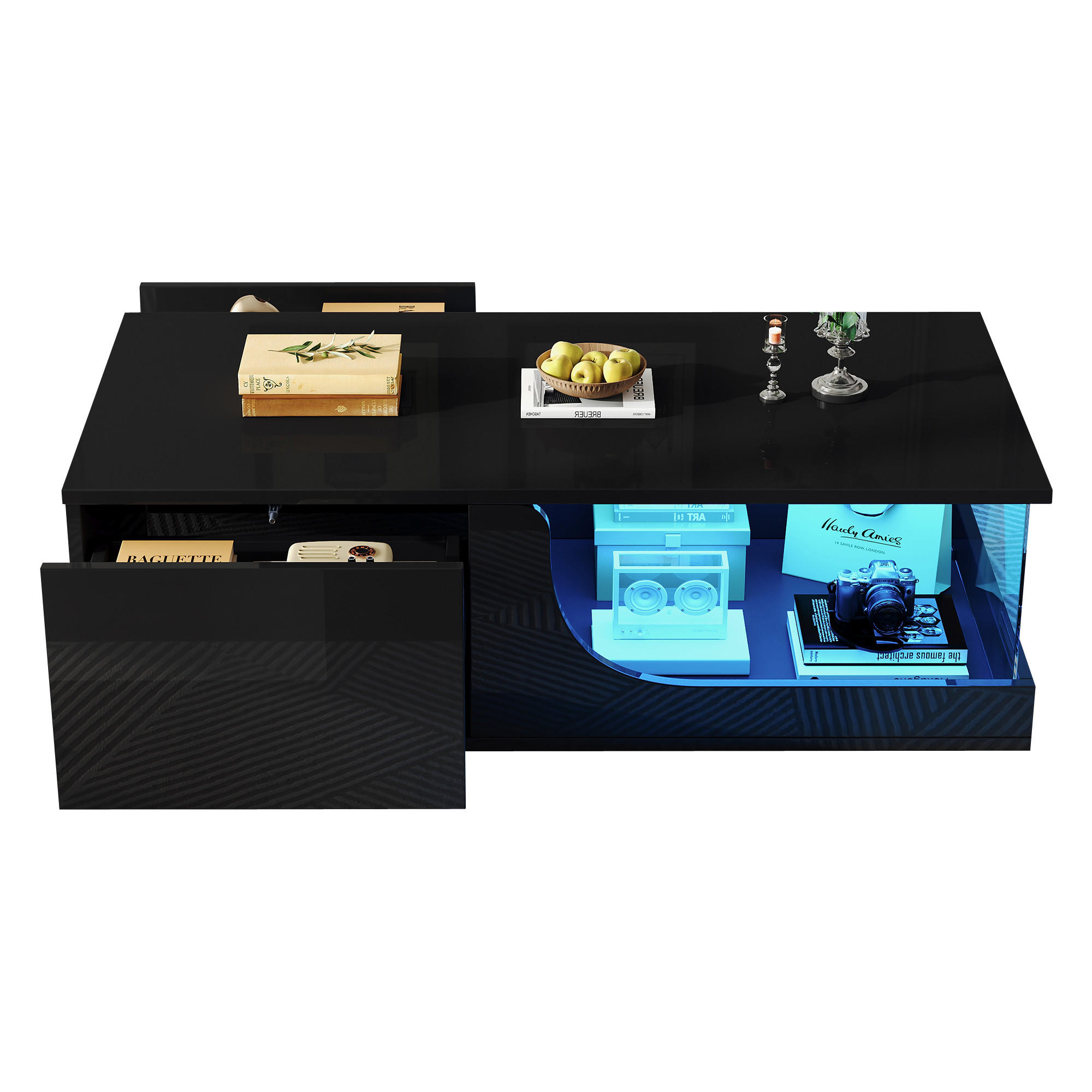COUCHTISCH in Schwarz Kaffeetisch mit 2 Schubladen und LED-Lichtleiste für Wohnzimmer, B100/T50/H30cm - Schwarz, Glas/Holzwerkstoff (50/100/30cm) - STILVORA