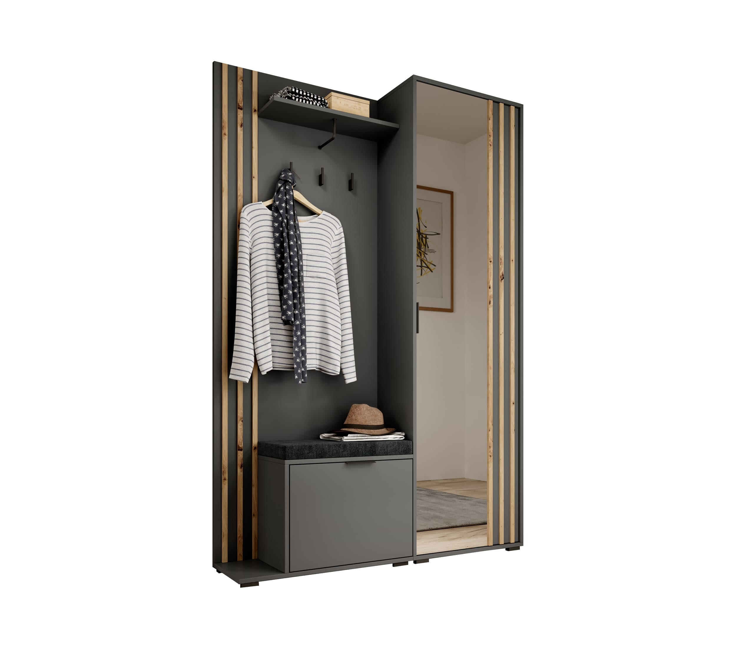 GARDEROBENSCHRANK - JOHN (Grau + Mit Kissen) - Schwarz, Holzwerkstoff (135/197/40cm)