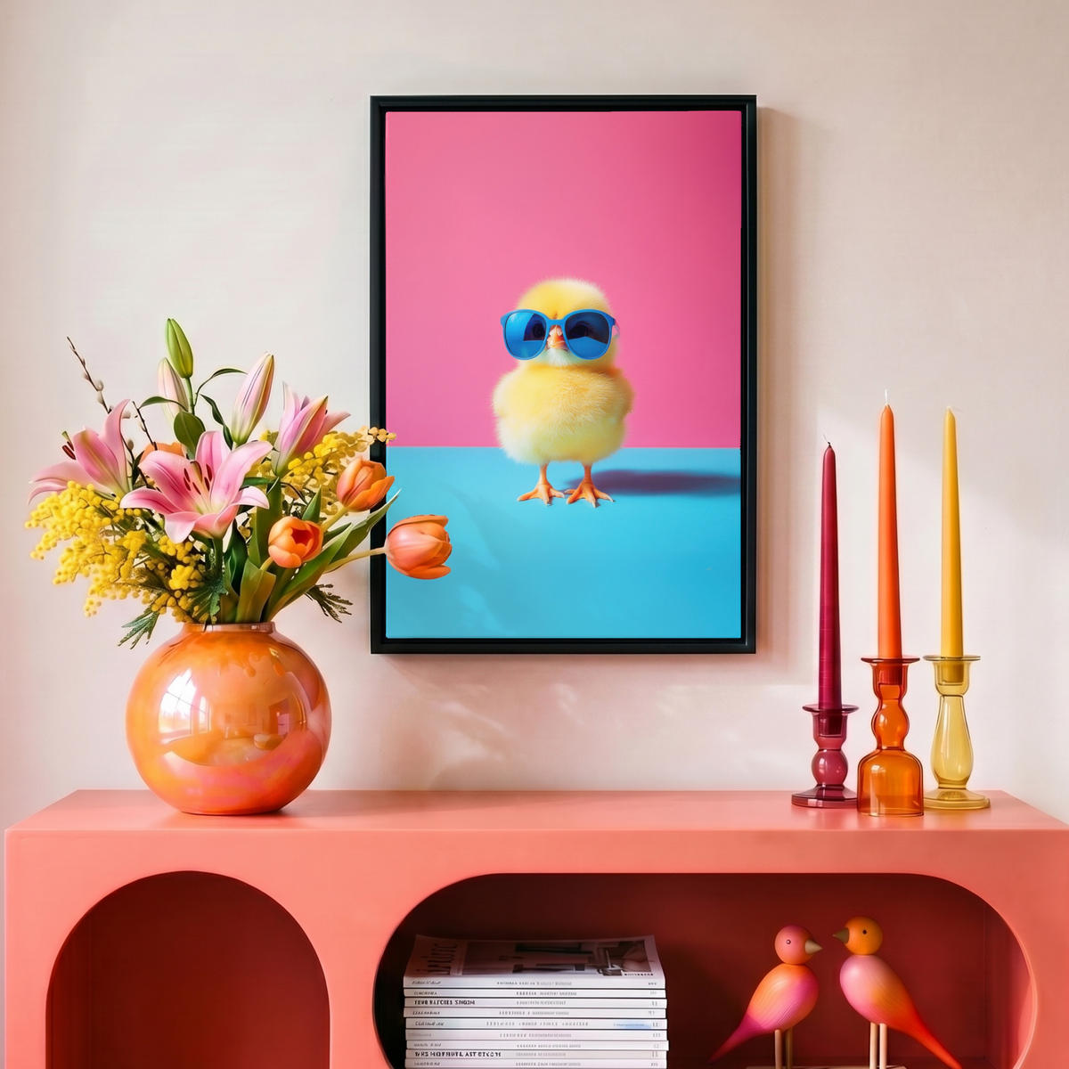 LEINWAND Bilder mit Rahmen - Chick - Sonnenbrille - Blau - 20x30 - Pink, Textil (20/30cm) - MuchoWow