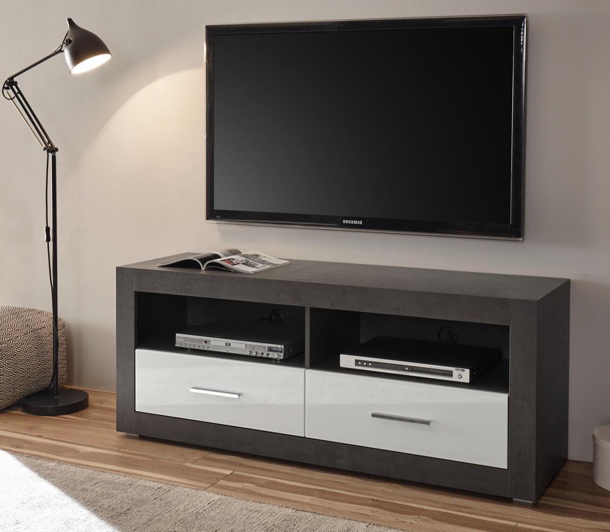 TV-LOWBOARD weiß Hochglanz, grau Stone, TV Unterteil mit Komforthöhe 150 cm - Chromfarben/Weiß Hochglanz, Holzwerkstoff/Kunststoff (150/61/45cm) - Furn.Design