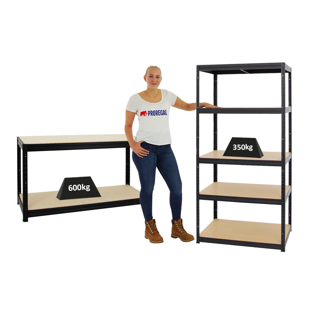 WERKBANK Big Dino höhenverstellbar & 1x SCHWERLASTREGAL Slim Elephant M Set Fachlast bis zu 600 kg Schwarz - Schwarz, Metall (180/180/60cm) - PROREGAL
