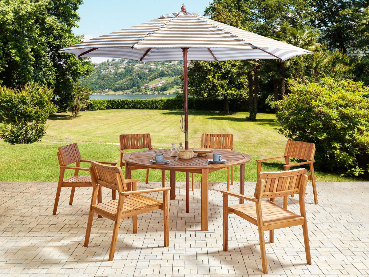 GARTENMÖBEL-SET 6-Sitzer Heller Holzfarbton mit Sonnenschirm Agello - Hellbraun/Beige, Holz - Beliani