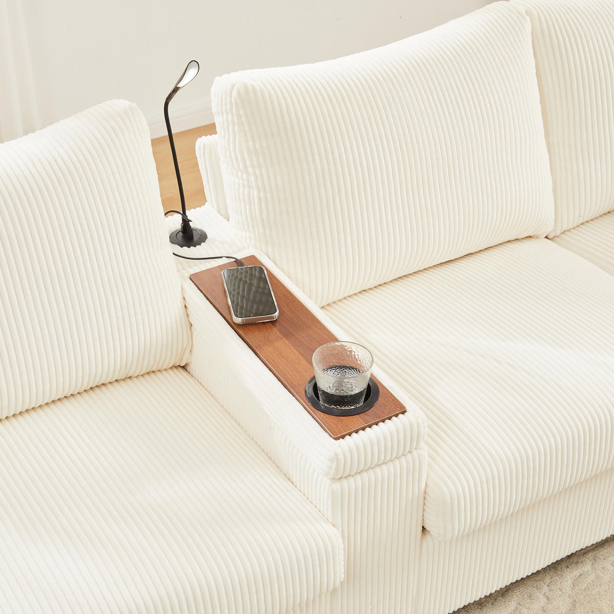 SOFA, U-Form, 2 Hocker, LED-Beleuchtung, Beige, 334x128.5x81cm - Beige, Textil (128.5/81/334cm) - FLIEKS