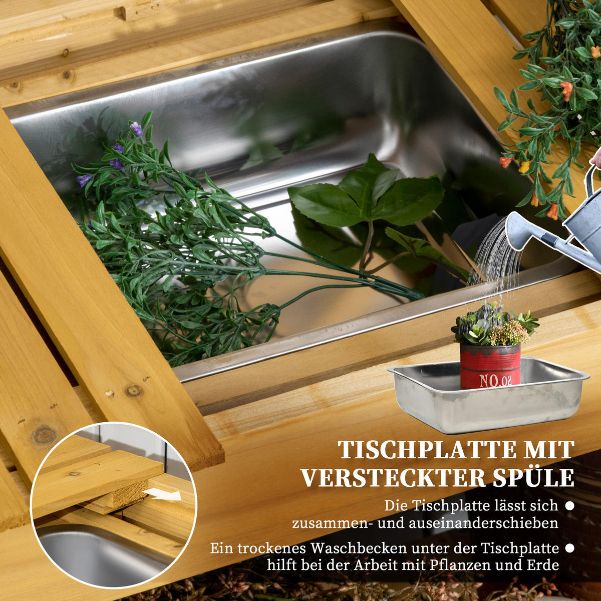 PFLANZTISCH mit ausziehbarer Tischplatte, 2 Ablagefächern, 92 x 45 x 120 cm, Braun - Braun, Holz (92/45/120cm) - Outsunny