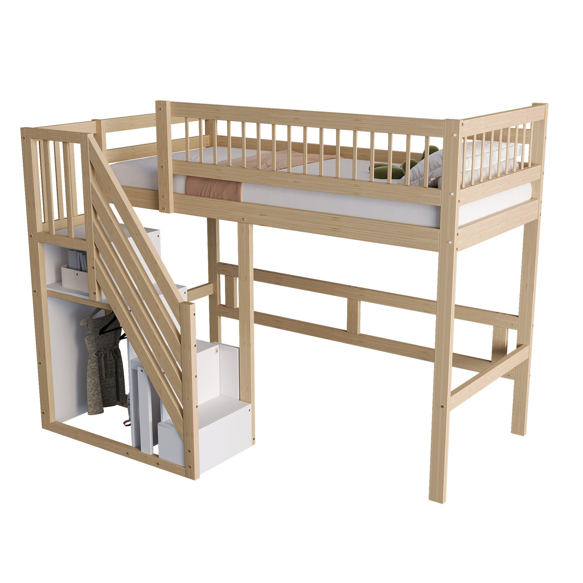 CHICFURN VYVÝŠENÁ POSTEL 90/200 cm v přírodní barvě se schodištěm s úložným prostorem