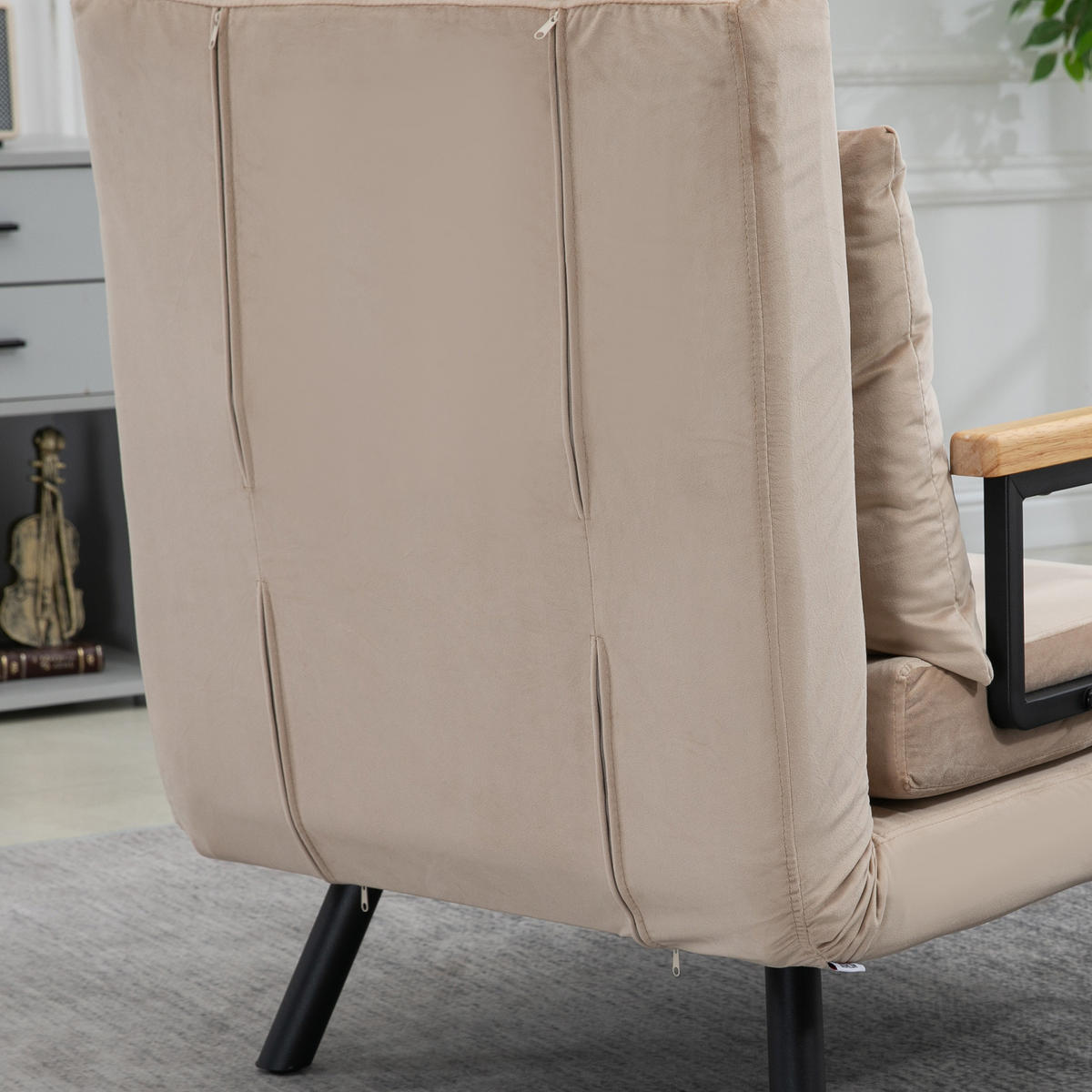 SCHLAFSESSEL, Einzelsofa mit Bettfunktion, Relaxsessel mit Rückenkissen Beige - Beige/Schwarz, Holz/Textil (73/81/63cm) - HOMCOM