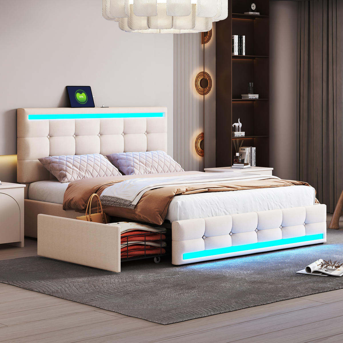 POLSTERBETT 140x200 LED 4 Schubladen 2 USB Leinen Beige - Beige, Holzwerkstoff - FLIEKS