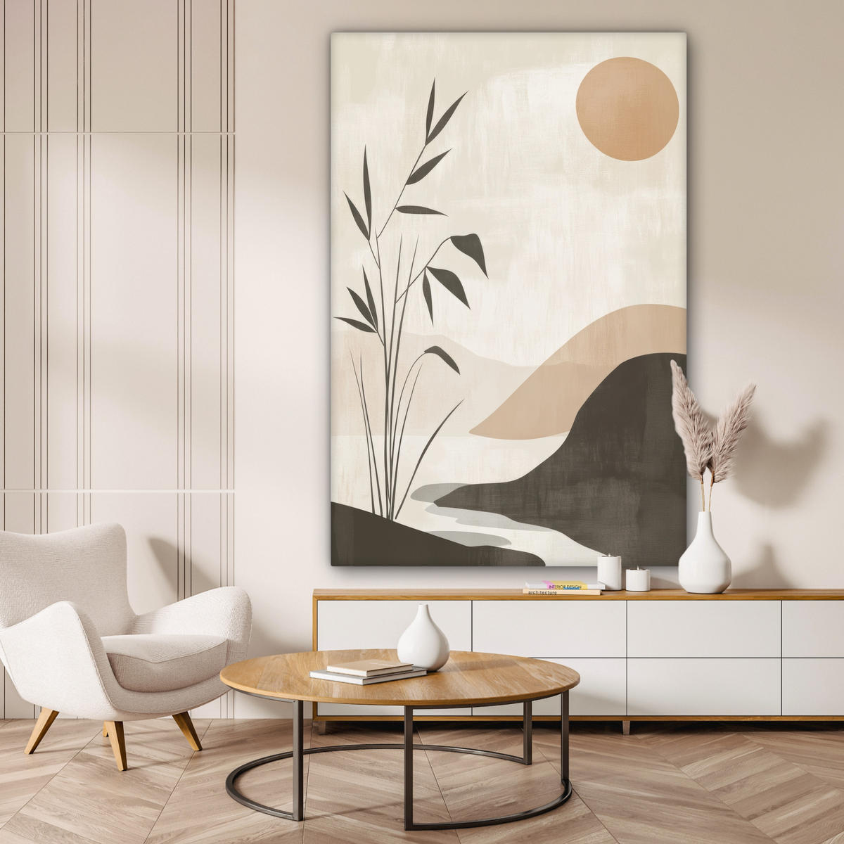 LEINWANDBILD Japandi - Landschaft - Beige 90x140 cm - Cognac, Textil (90/140cm) - MuchoWow