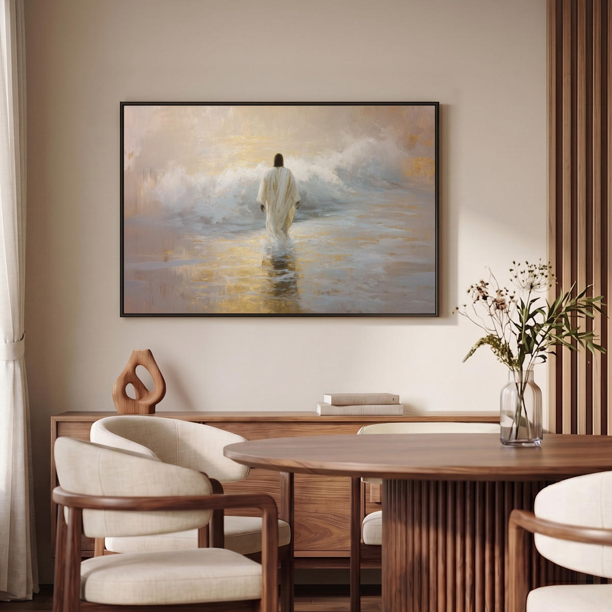 LEINWAND Bilder mit Rahmen - Gemälde - Welle - Jesus - Abstrakt - 90x60 - Goldfarben, Textil (90/60cm) - MuchoWow