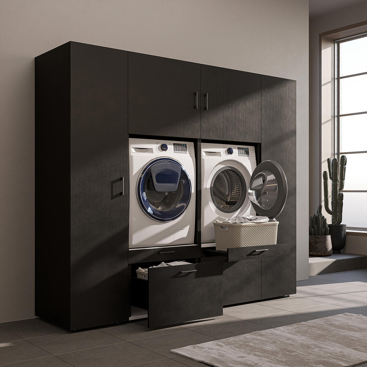 WASCHMASCHINENSCHRANK Serie 2 224cm Breit, 205cm Hoch - Schwarz, Holzwerkstoff (224/205/67cm)