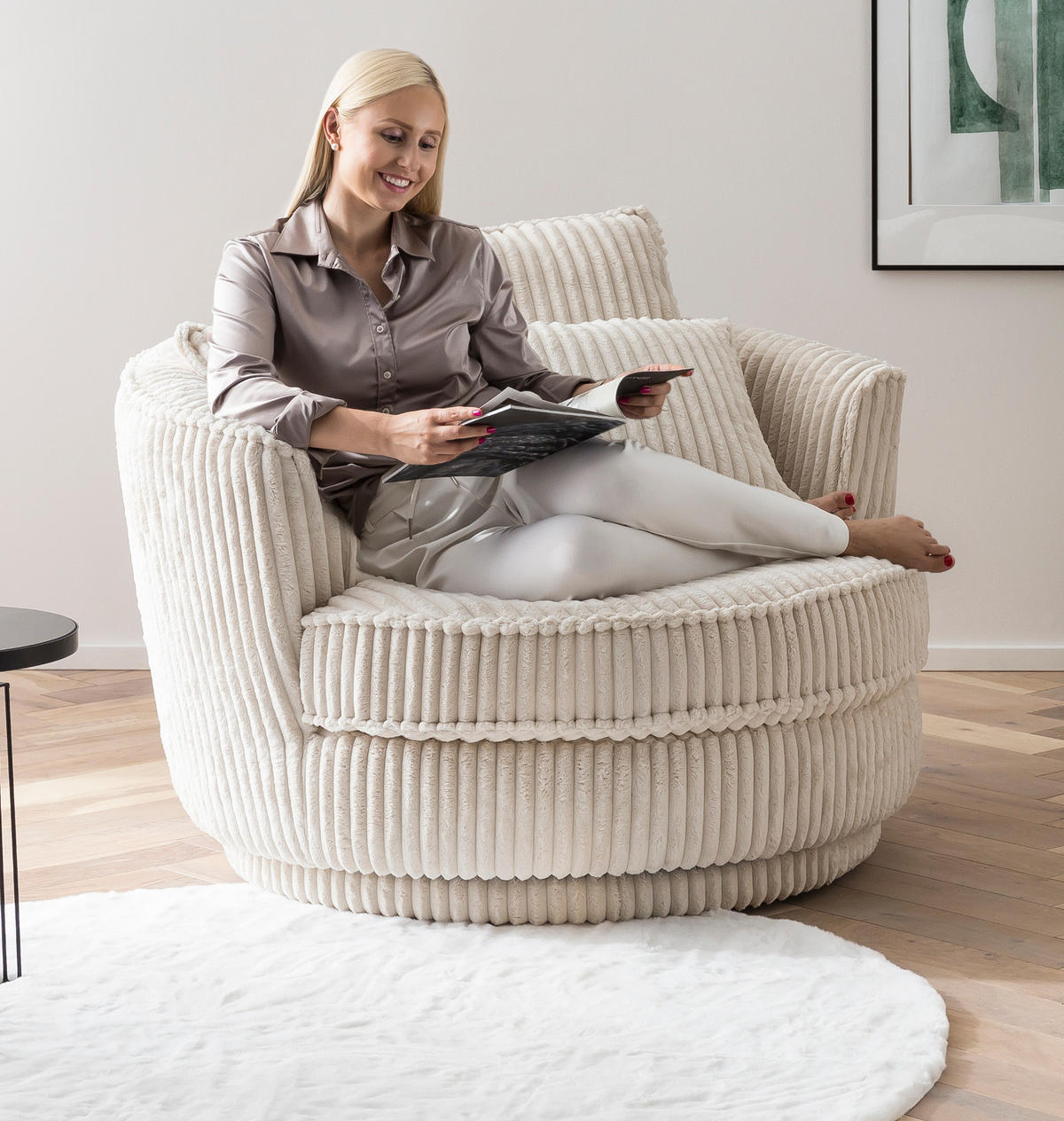 BIG-SESSEL Relaxsessel Mega Cord creme wollweiß Ø 120 cm 360° drehbar, inklusive 3x Kissen - Creme/Weiß, Holzwerkstoff/Textil (120/86/120cm) - Furn.Design