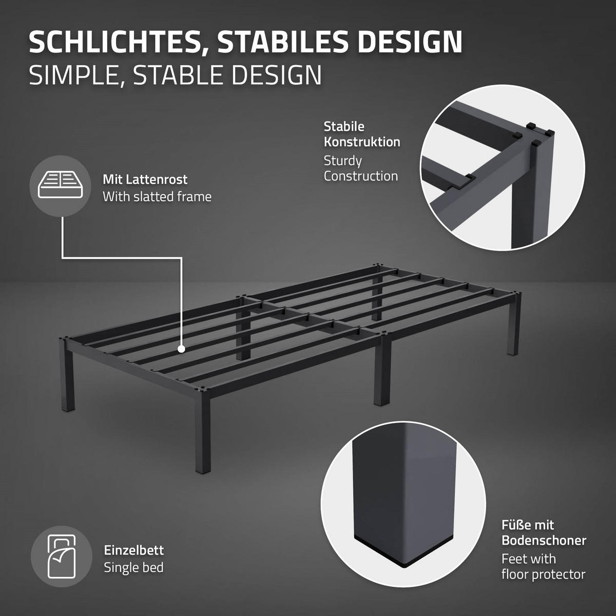 METALLBETT mit MATRATZE 200/90 cm - Anthrazit, Metall (90/200cm) - ML-DESIGN