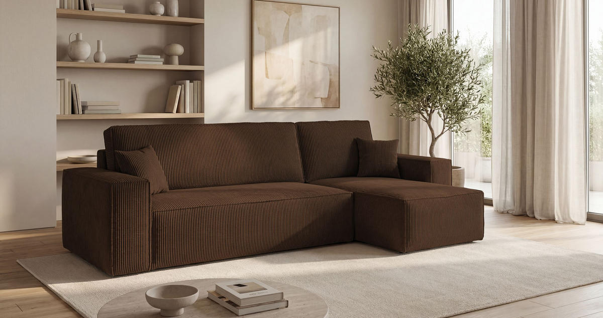 ROHOVÁ pohovka CALIFORNIA MINI pravá hnedá menčester Poso 6 - funkcia spania, úložný priestor - hnedá, textil (245/139cm) - Cornero