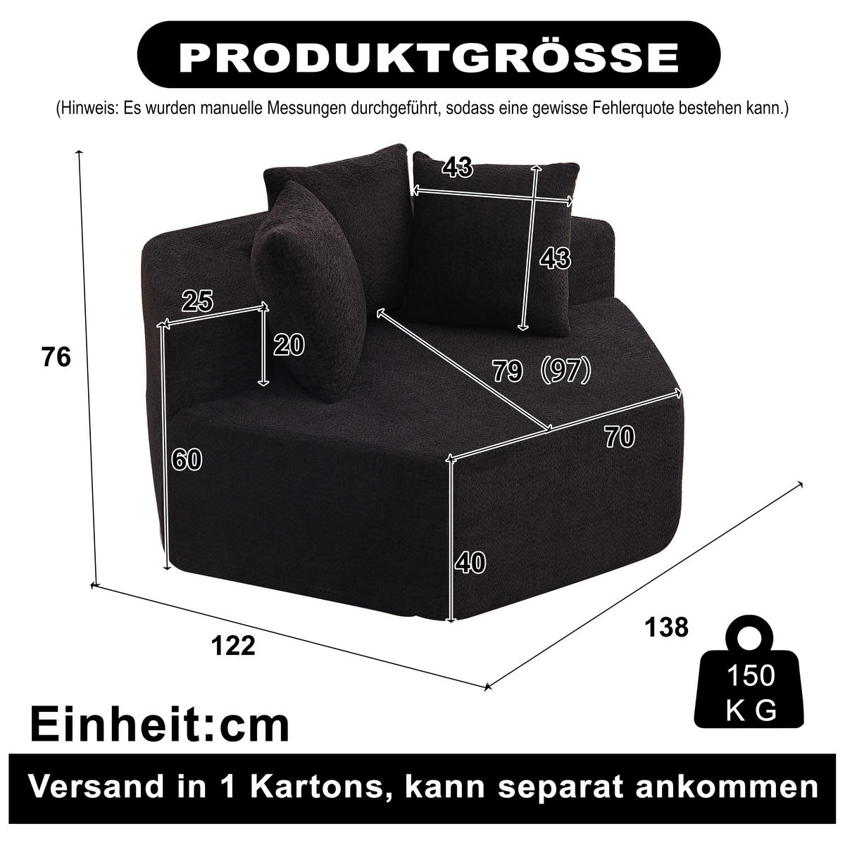SESSEL DE-34513 sechseckig mit 3 Kissen Schwarz - Schwarz, Textil (122/76/138cm) - ComfortXL
