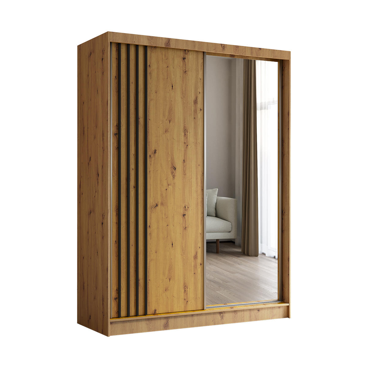 KLEIDERSCHRANK mit Spiegel-Schiebetüren und Aluminium-Leisten, LED-Beleuchtung - NALLA - 160 cm Artisan+Artisan+Schwarz - Schwarz/Eiche Artisan, Holzwerkstoff (160/216/61cm) - ALTDECOR