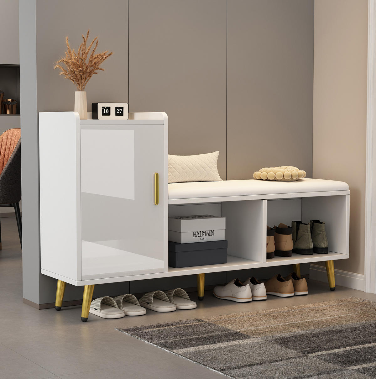 SCHUHSCHRANK 120/35/71,5 cm weiß aus Spanplatte mit Sitzbank - Weiß, Holzwerkstoff (120/71.5/35cm) - OKWISH