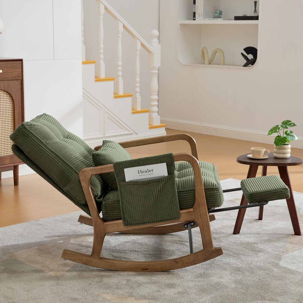 SCHAUKELSTUHL Relaxsessel mit Fußstütze,verstellbarer Rückenlehne,Cord,Grün - Grün, Textil (70/92/80cm) - LVHOM