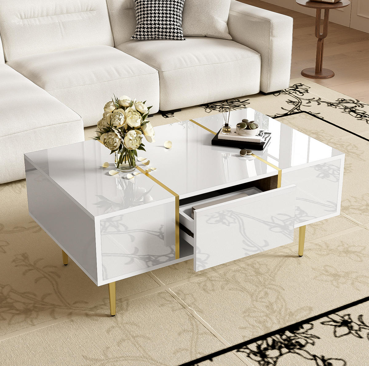 COUCHTISCH 100/60/41.5 cm Weiß Hochglanz aus MDF mit 2 Schubladen - Weiß, Holzwerkstoff (100/60/41.5cm) - OKMYHOME