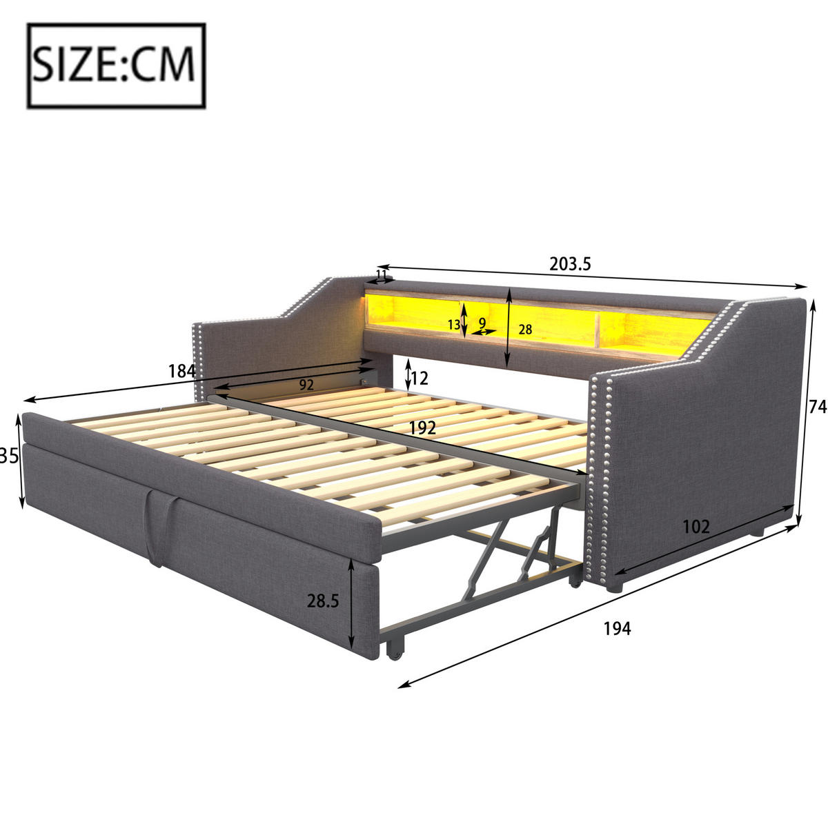 SCHLAFSOFA 90/190 cm ausziehbar mit LED-Beleuchtung, USB-Anschluss und Ablagefächern, Dunkelgrau - Dunkelgrau, Textil (203.5/74/194cm) - Redom
