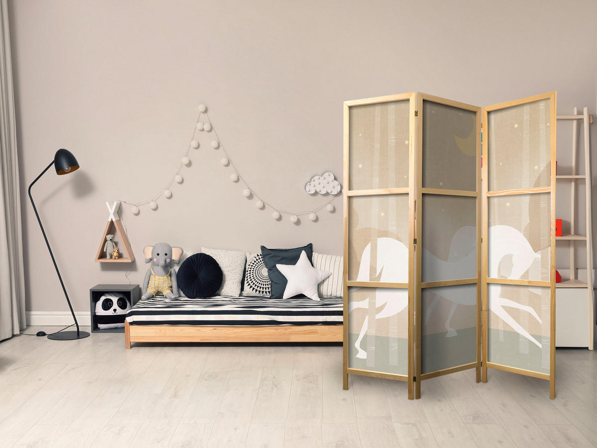 PARAVENT Japanischer 3-tlg 135x172 cm Pferde Boho Stil - Beige, Holz/Textil (135/172/3cm) - Muralo