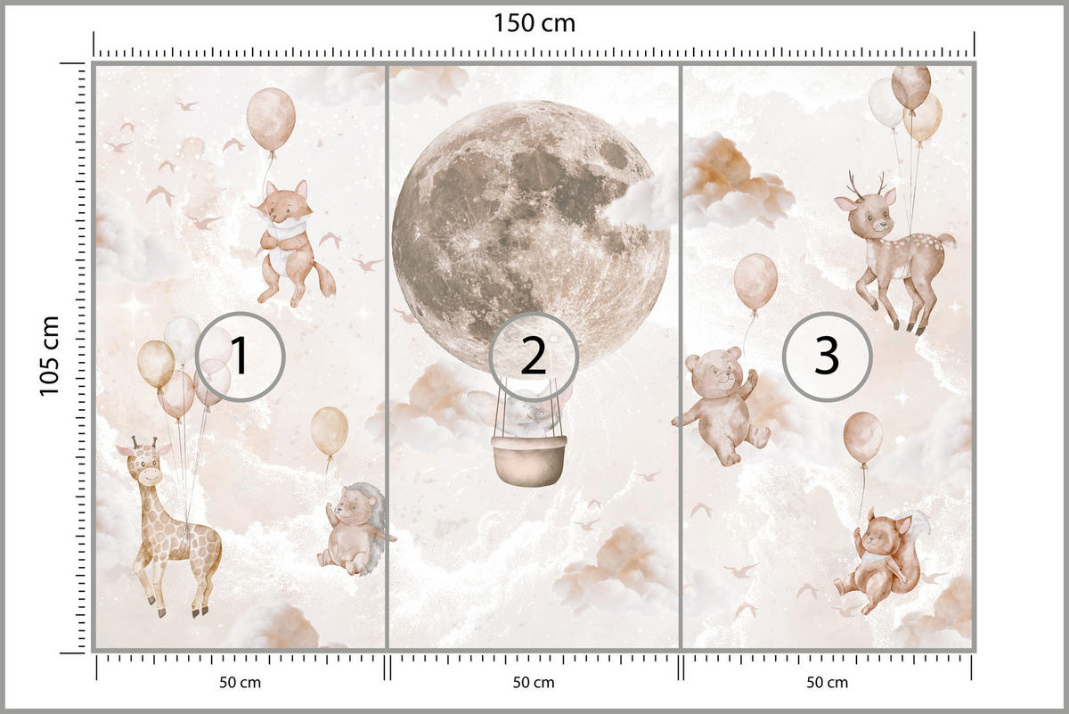 FOTOTAPETE für Kinderzimmer Mond Ballons Bär Rehkitz Giraffe Wolken 150x105 - Beige/Rosa, Papier (150/105cm) - Muralo